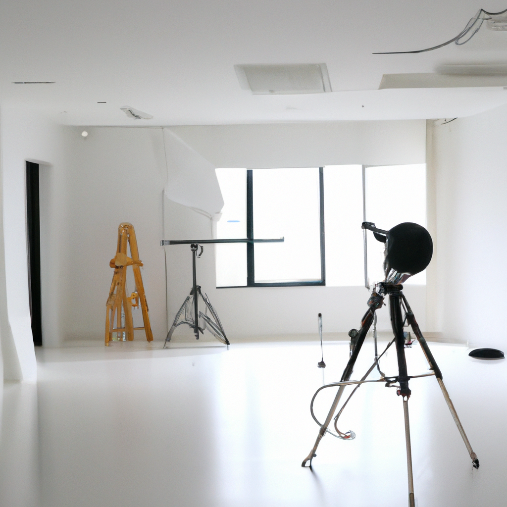 Interior minimalista del estudio con luz natural y ciclorama blanco en Bogotá