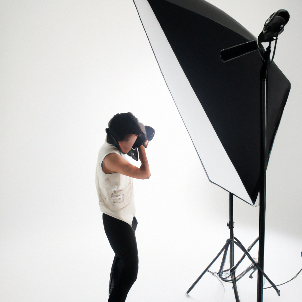 Fotógrafo trabajando con luz natural y softbox en estudio minimalista de Bogotá